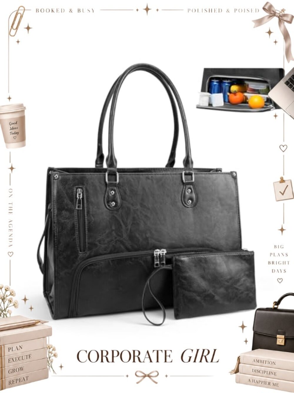 PU Leather Laptop Tote Bag with Insulated Lunch Compartment